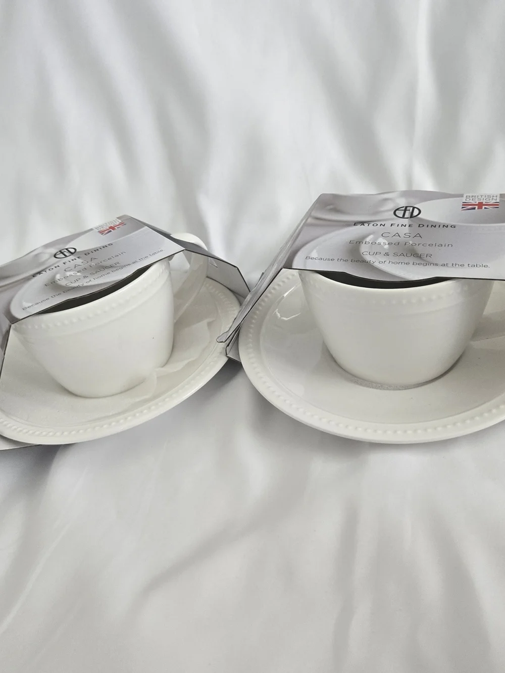 Set of 2 Eaton Fine Dining Casa Embossed Porcelain Cup & Saucer Classic Tea Mug